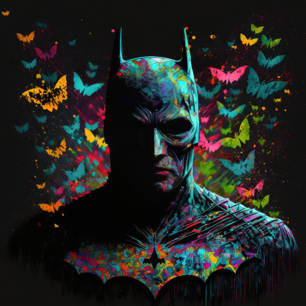 Бэтмен с неоновыми бабочками на черном фоне