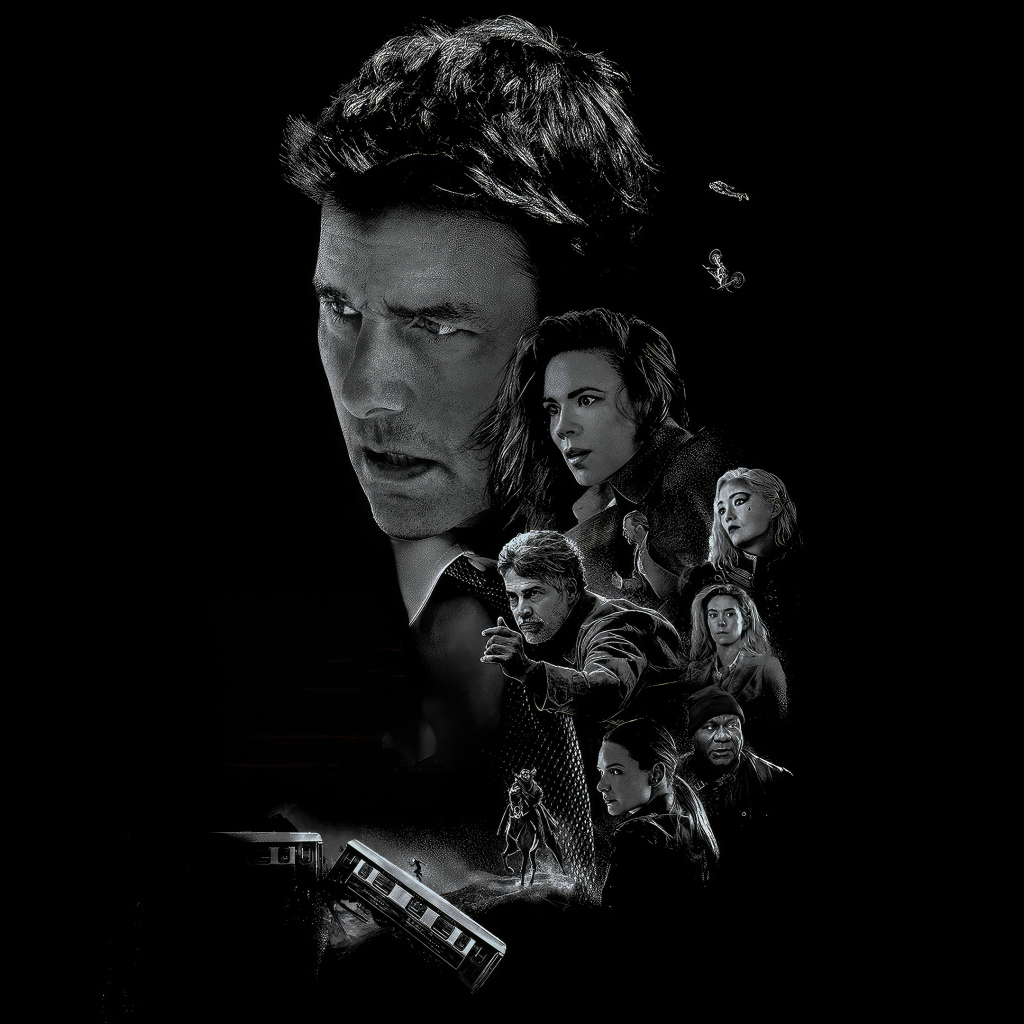 Черно-белый постер фильма Миссия невыполнима: Смертельная расплата. Часть 1