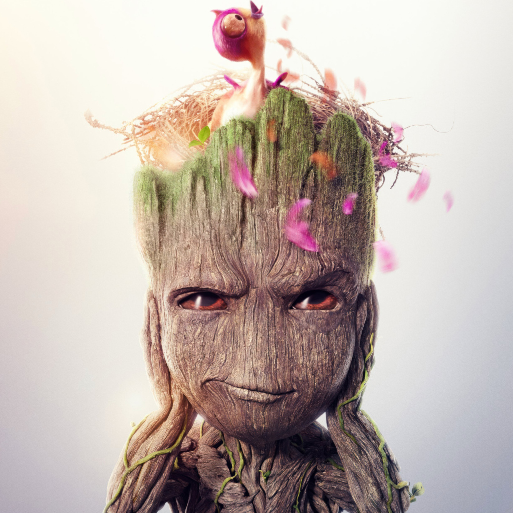 Маленький Грут с гнездом на голове