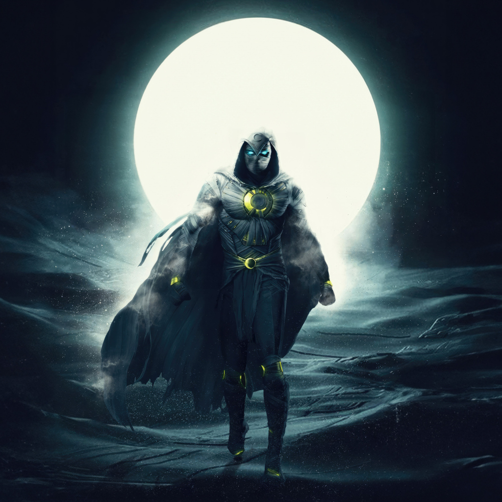 Супергерой Лунный рыцарь на фоне большой луны