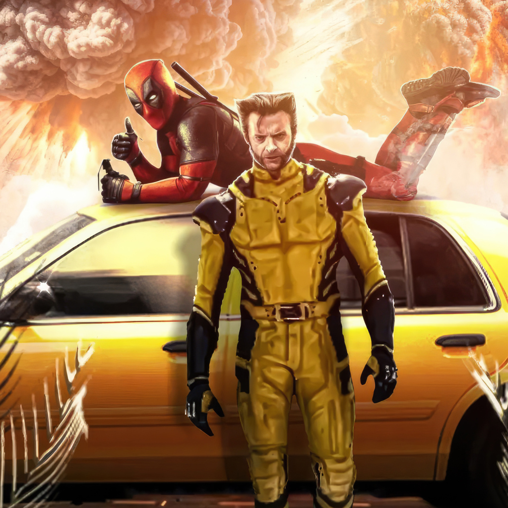 Супергерои Дэдпул и Росомаха с машиной такси