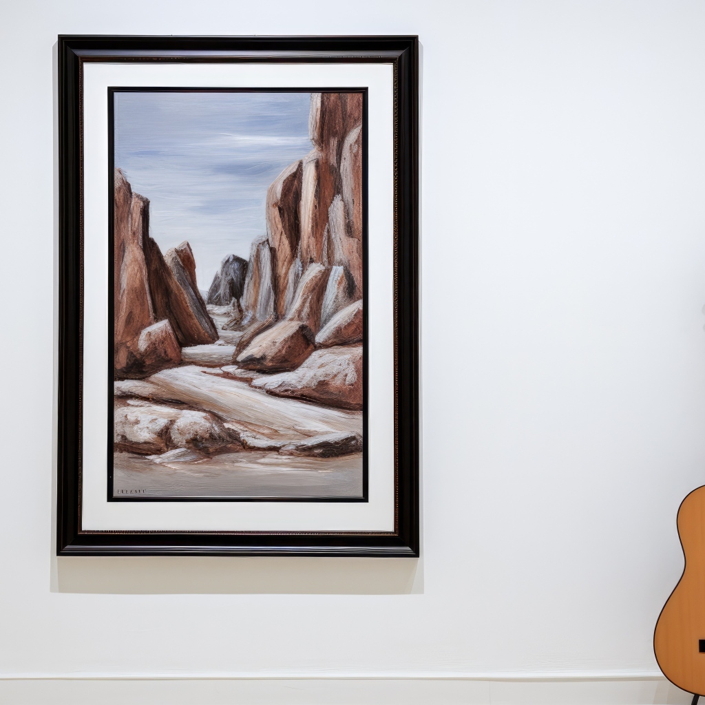 Гитара стоит у стены с большой картиной