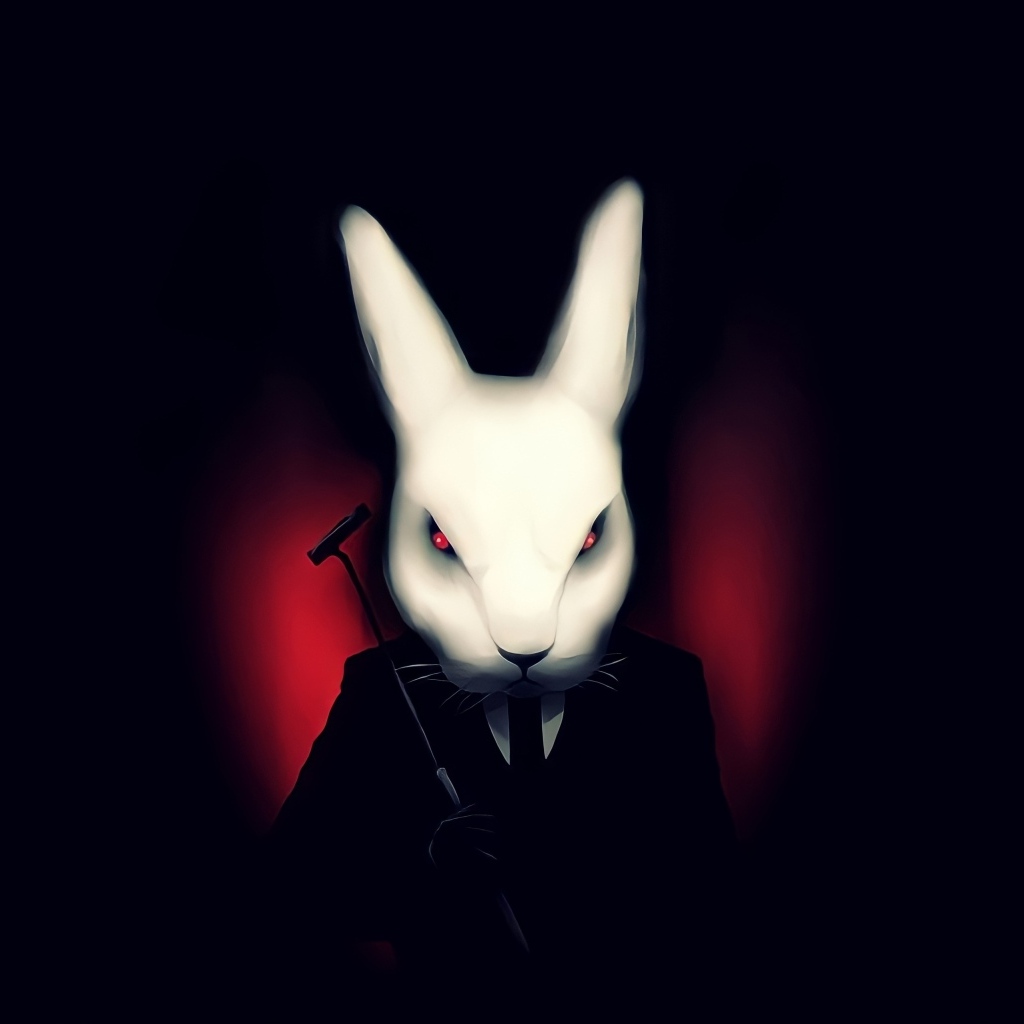 Белый кролик в костюме на черном фоне