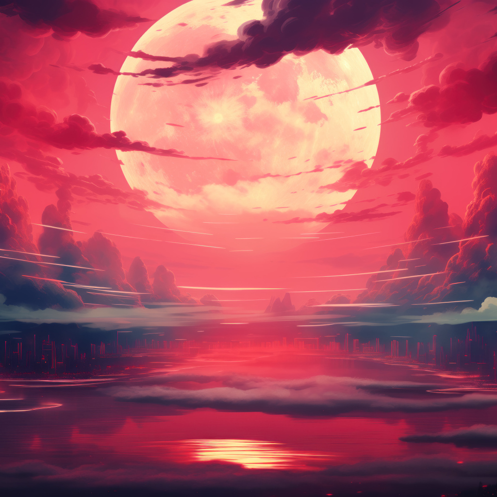 Большая белая луна в красном небе