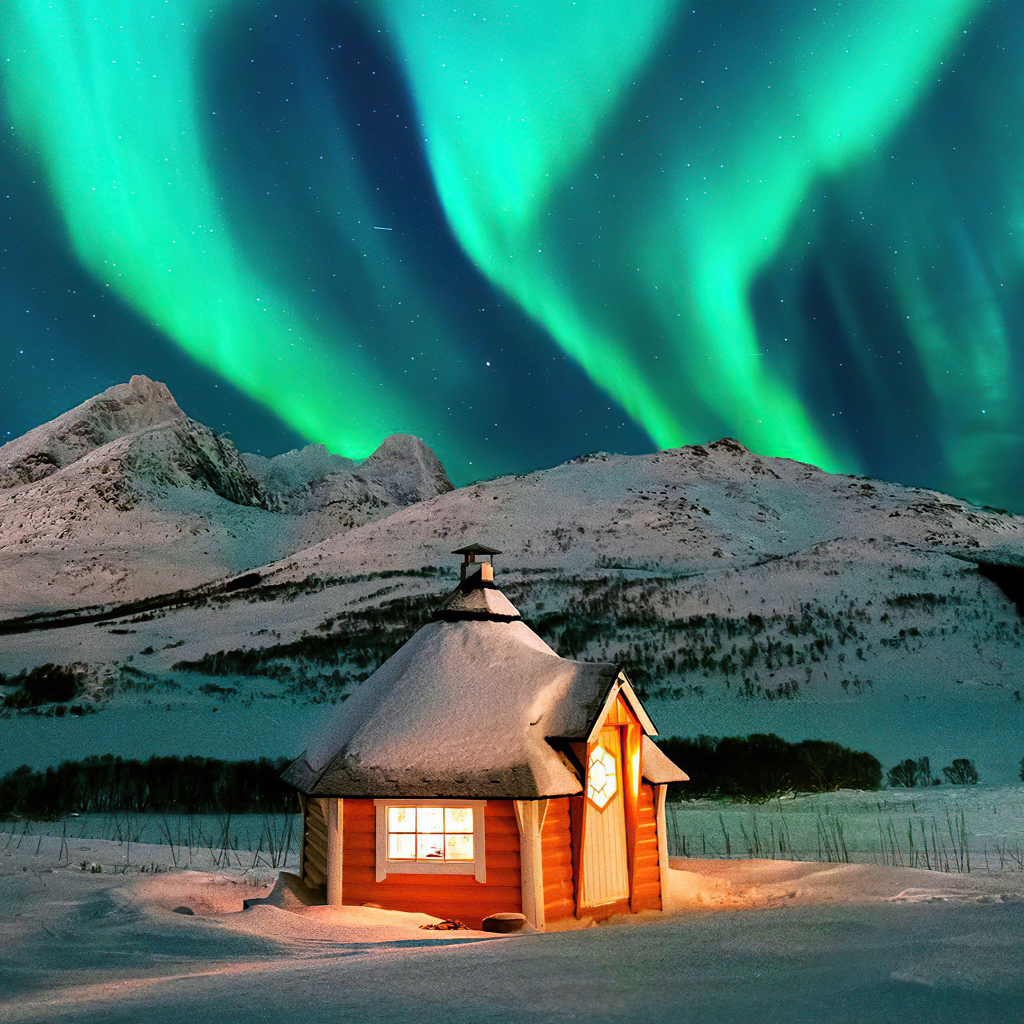 Зеленое полярное сияние над домом в заснеженных  горах