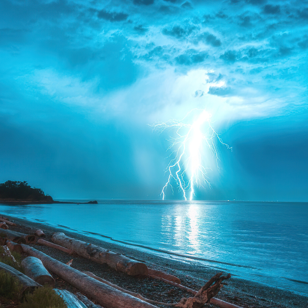 Разряд молнии штормовом небе над морем