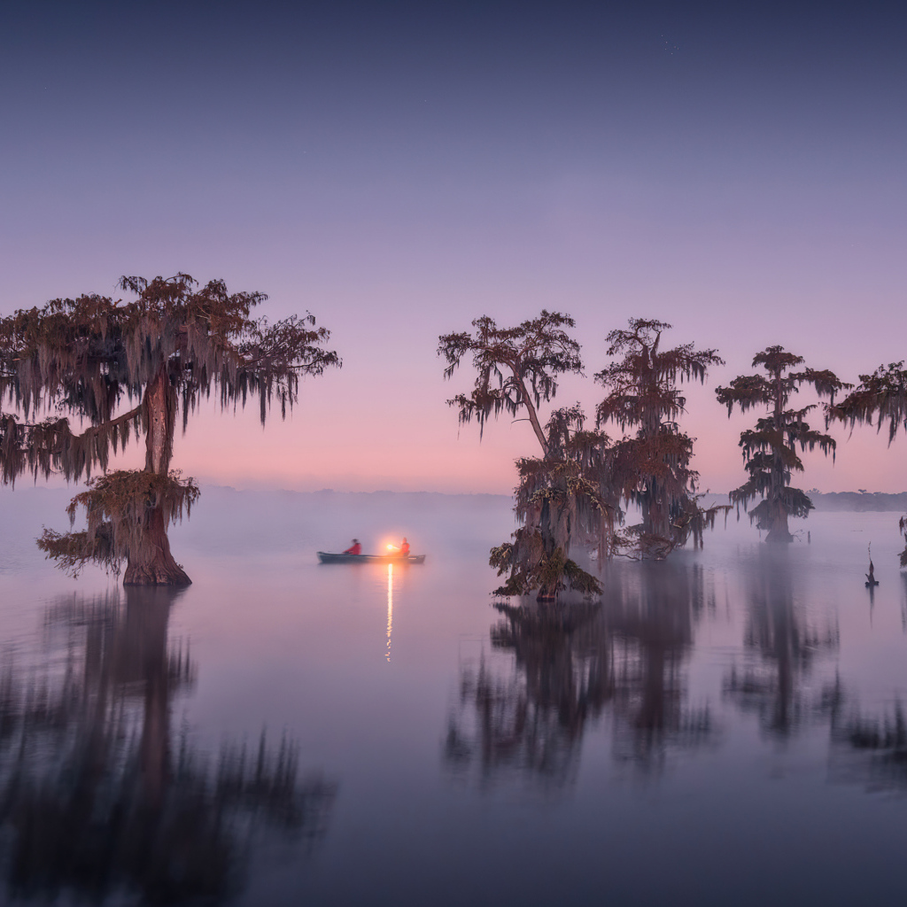 Старые деревья в воде в сумерках
