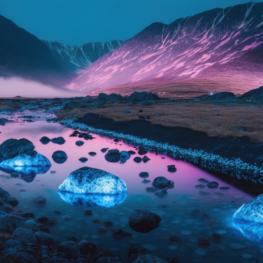 Неоновые камни в реке на фоне горы