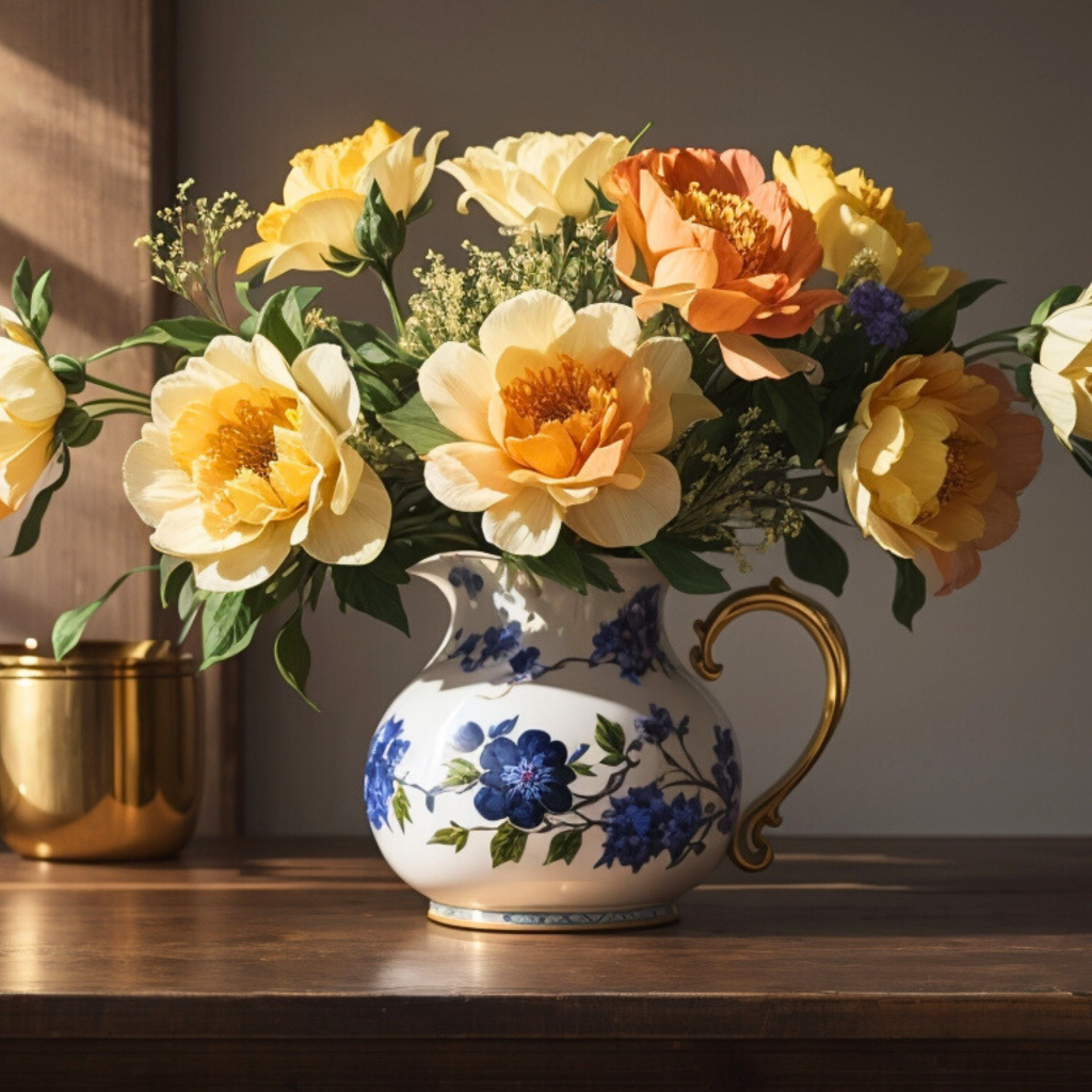 Букет красивых оранжевых цветов в кувшине на столе