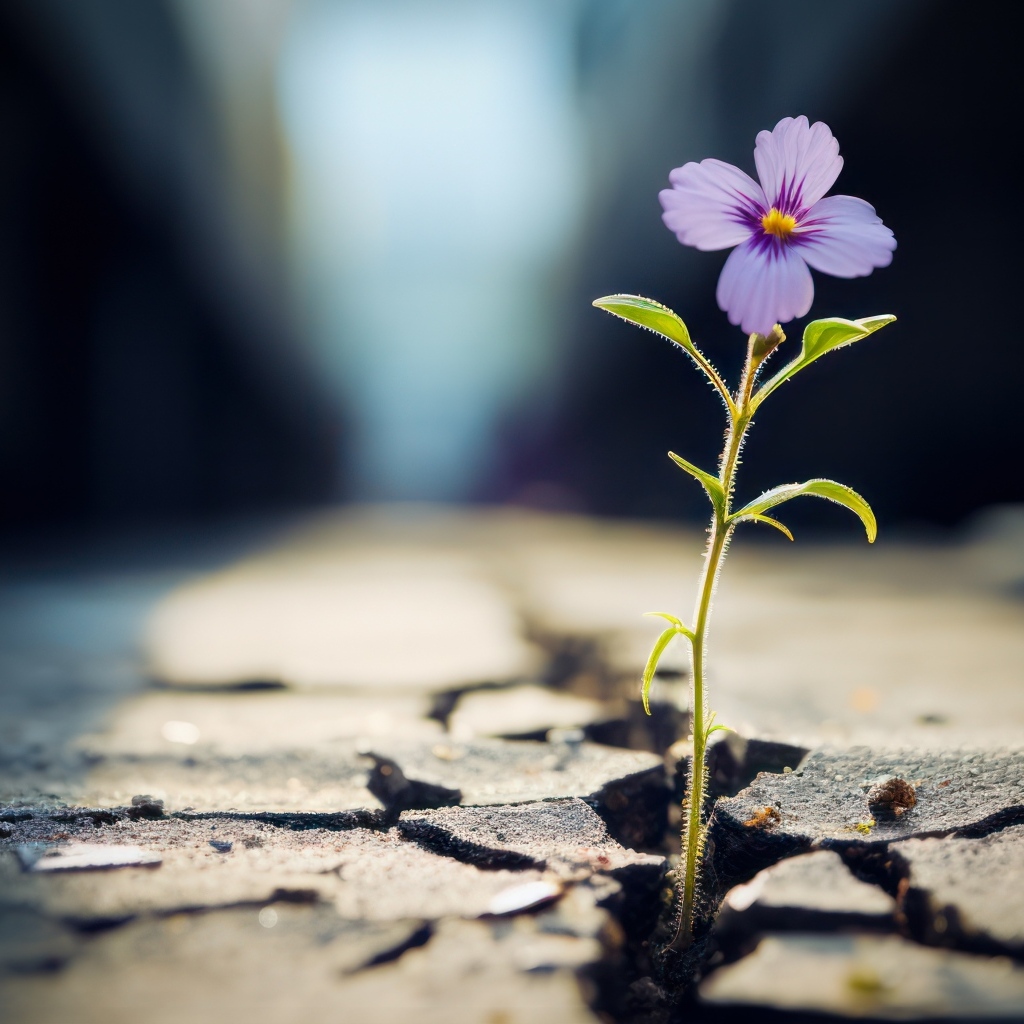 Маленький сиреневый цветок пробивается из сухой земли