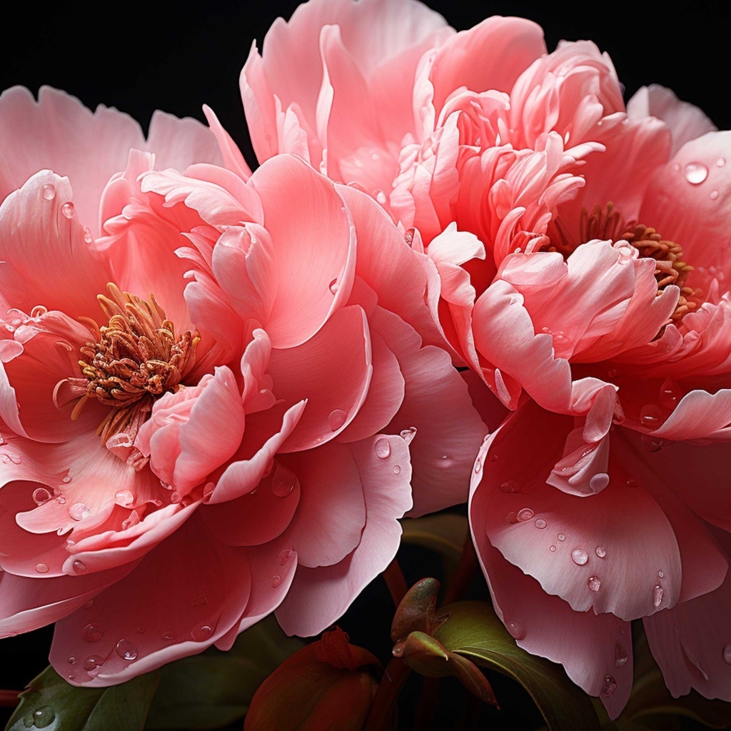 Красивые розовые пионы в каплях воды