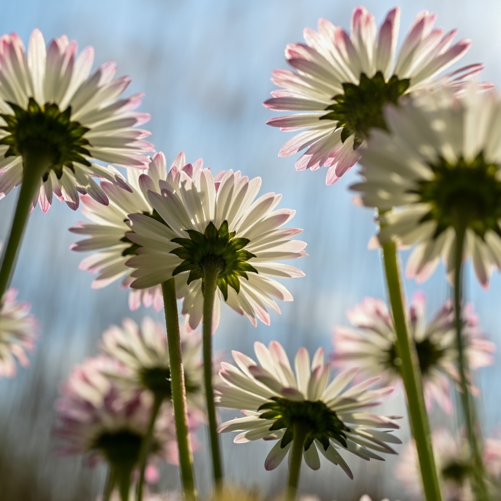 Вид снизу на маленькие цветы маргаритки
