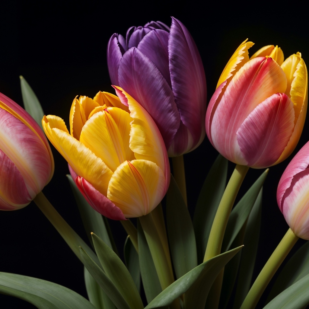 Букет разноцветных тюльпанов на черном фоне