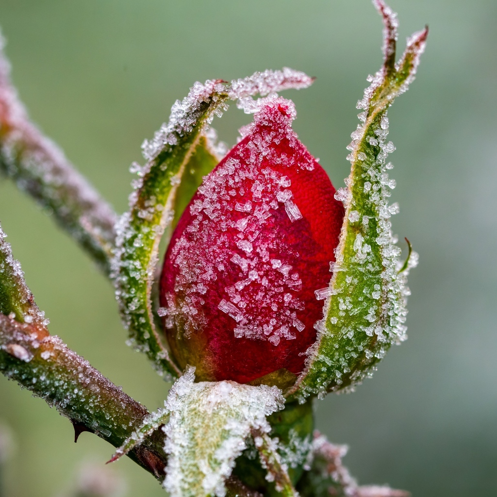 Покрытая холодным инеем роза зимой