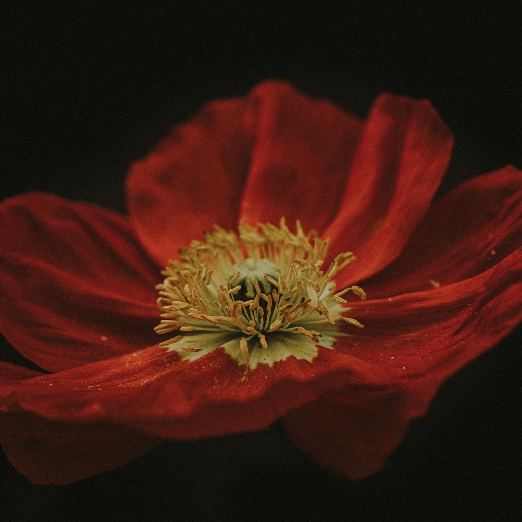 Крупный цветок красного мака на черном фоне