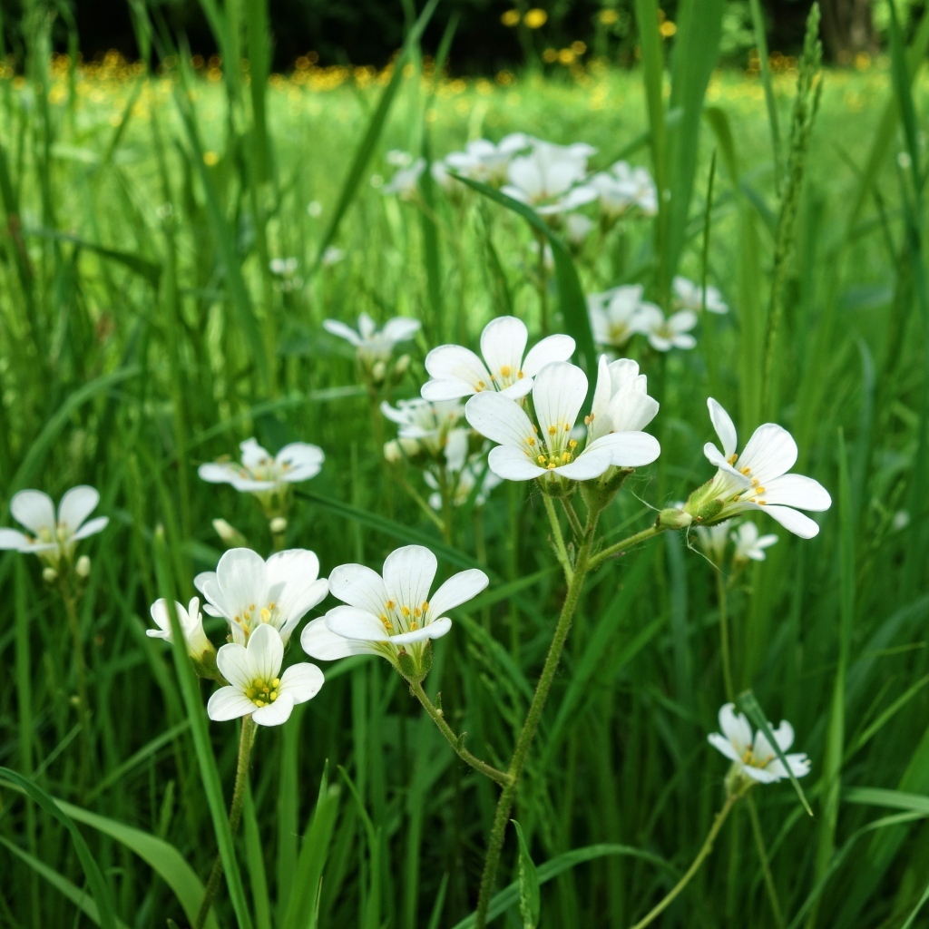 Маленькие белые цветы крестовик в зеленой траве