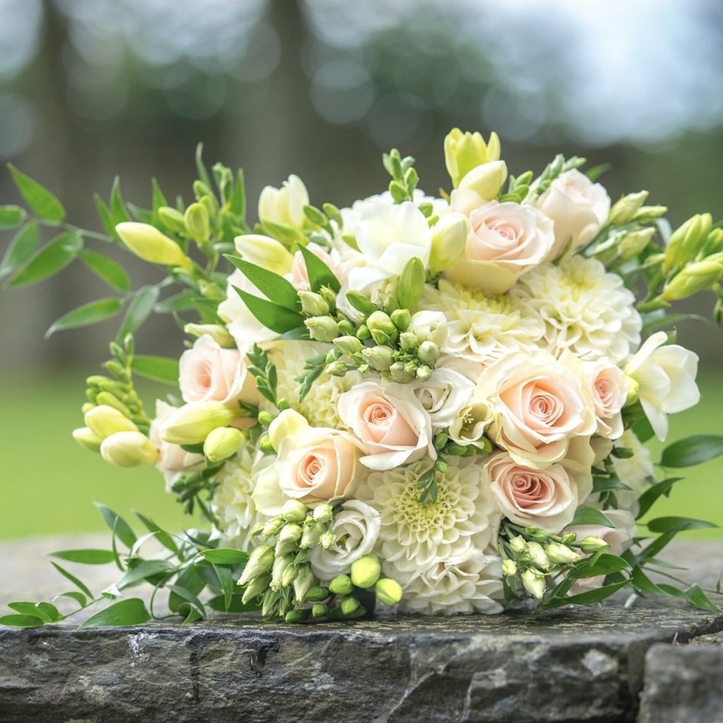 Свадебный букет стоит на камне