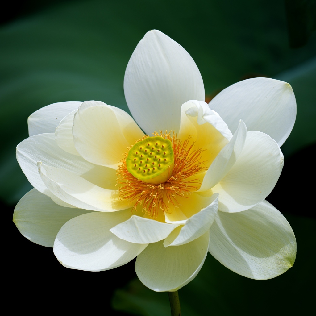 Белый цветок лотоса с желтой серединкой крупным планом