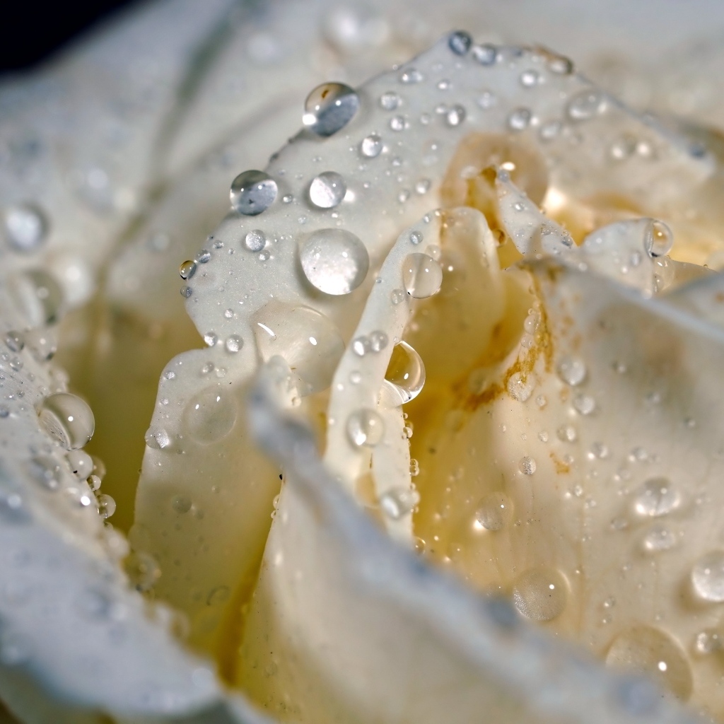 Лепестки белой розы в каплях росы крупным планом