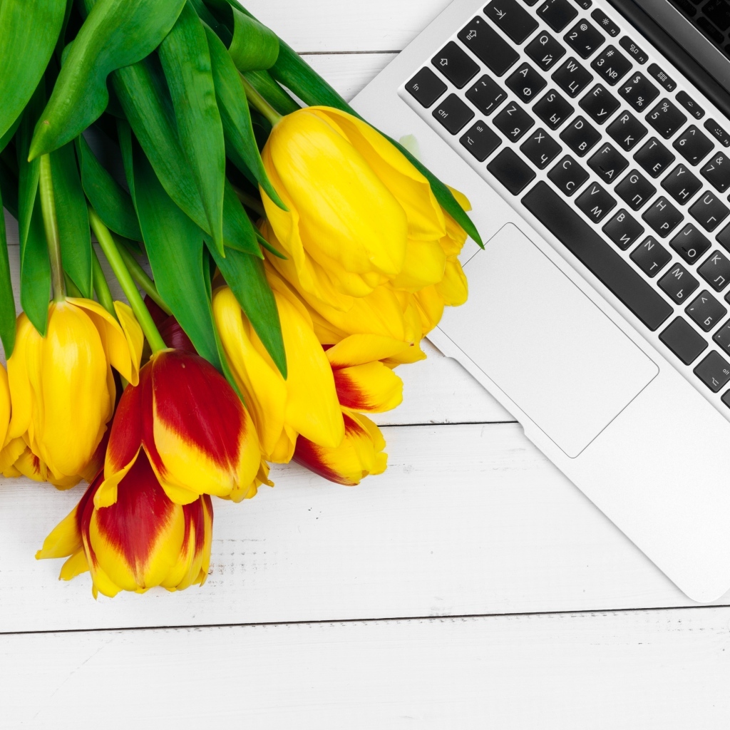 Желтые тюльпаны с ноутбуком на столе