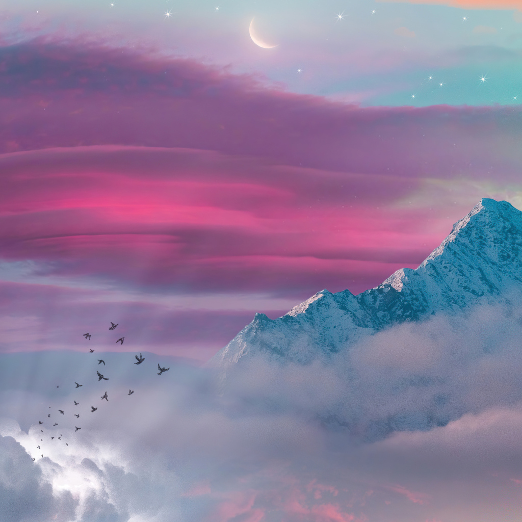 Птицы летят к заснеженной вершине горы