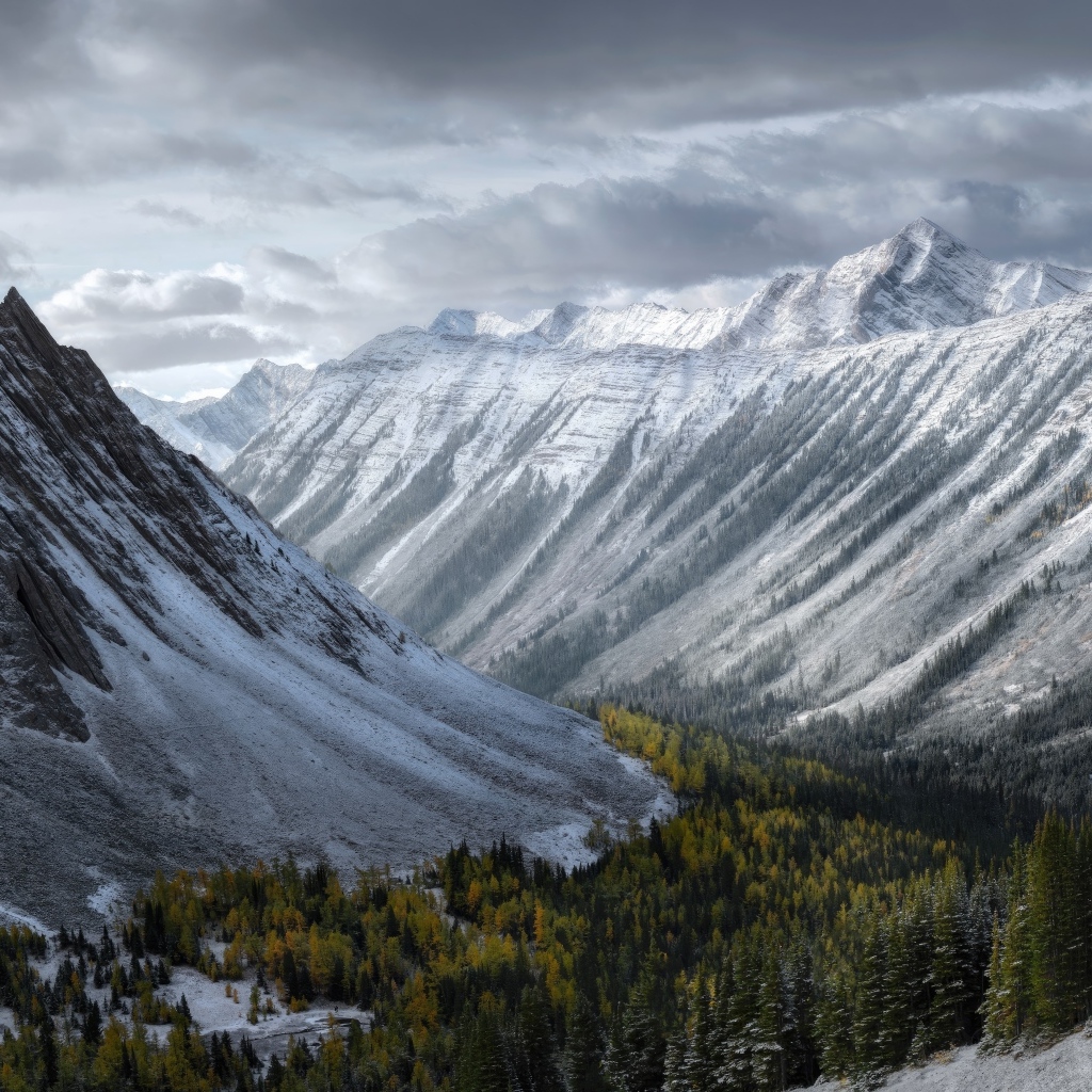 Покрытые снегом горы под грозовым небом
