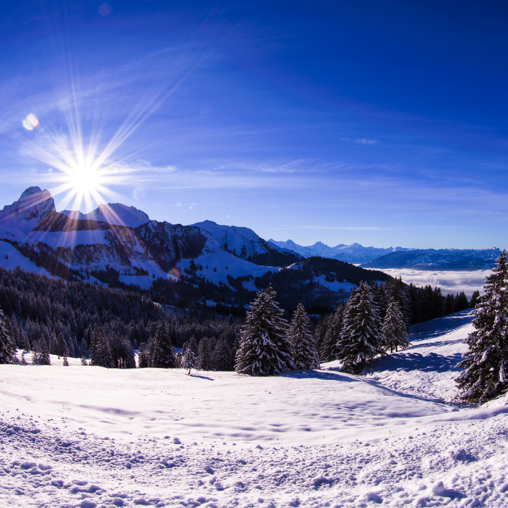 Яркое солнце освещает заснеженные альпы