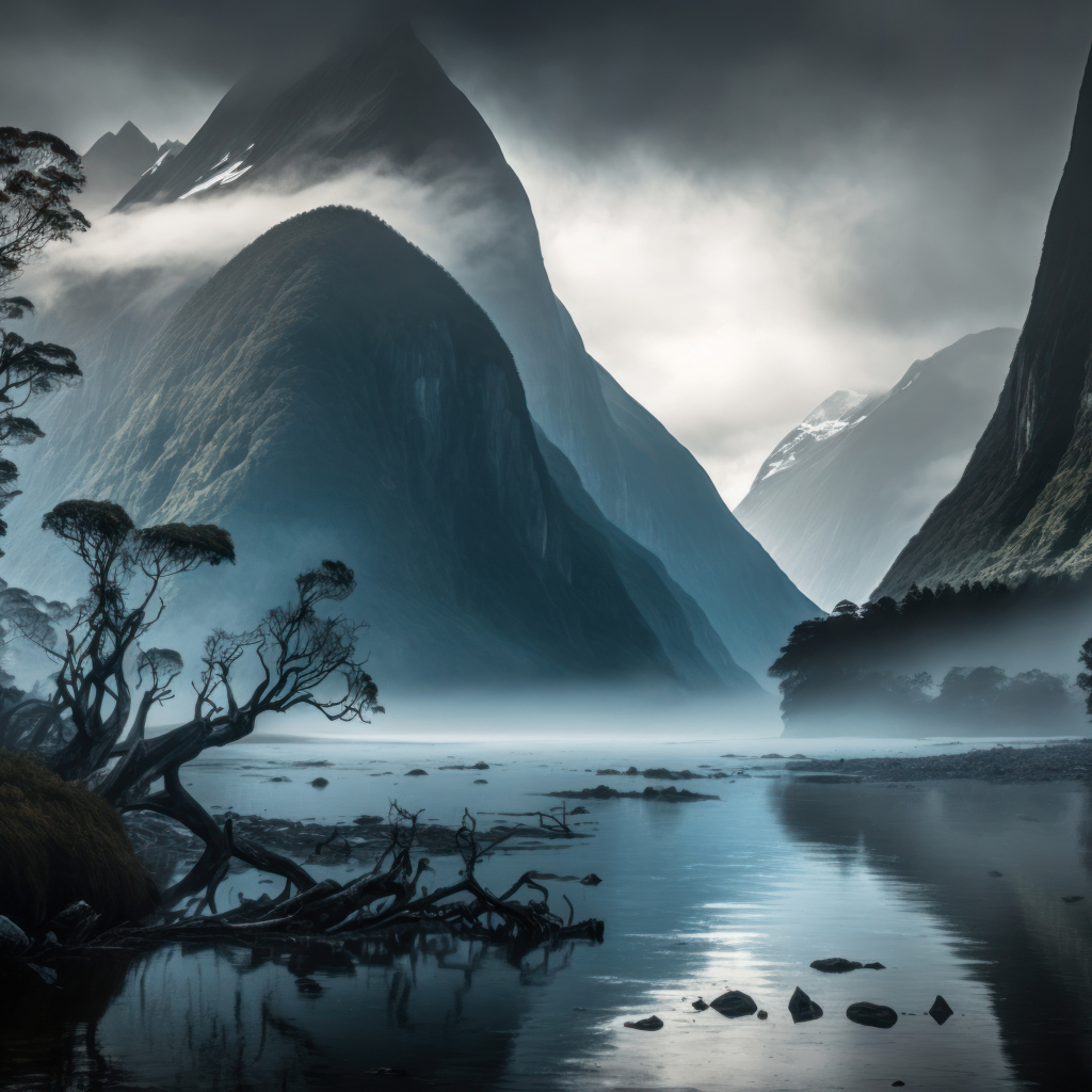 Белый туман над озером в горах