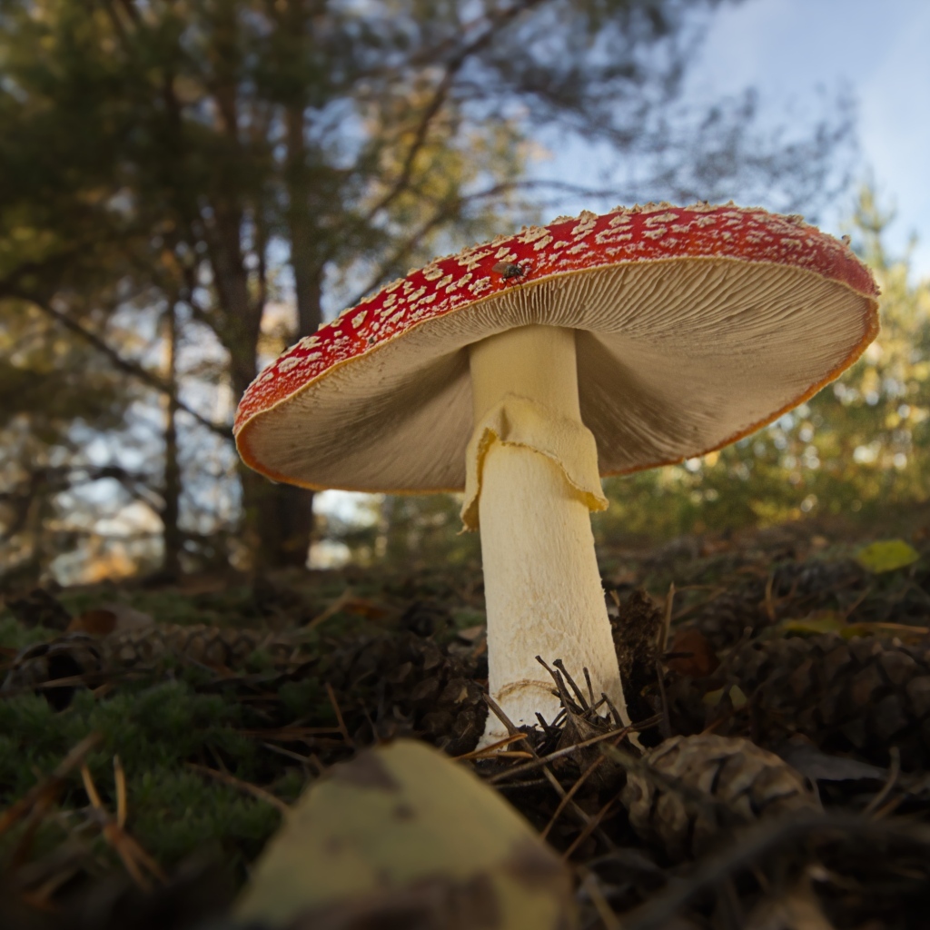 Большой гриб мухомор растет в лесу