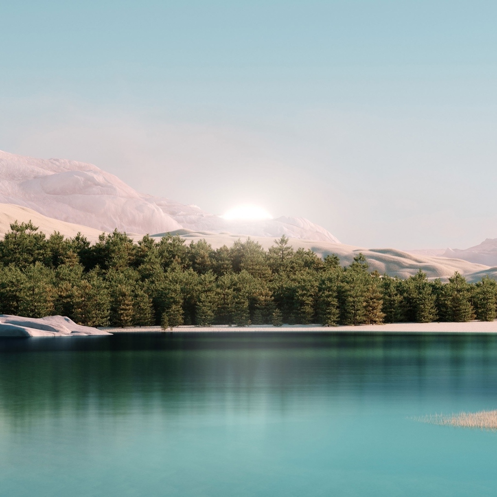 Лес у озера с голубой водой в горах