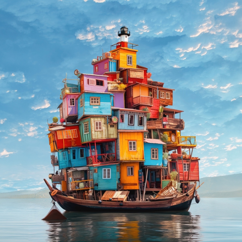 Маленькие разноцветные домики на лодке