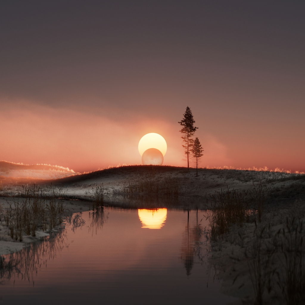 Закат солнца за холмом у реки