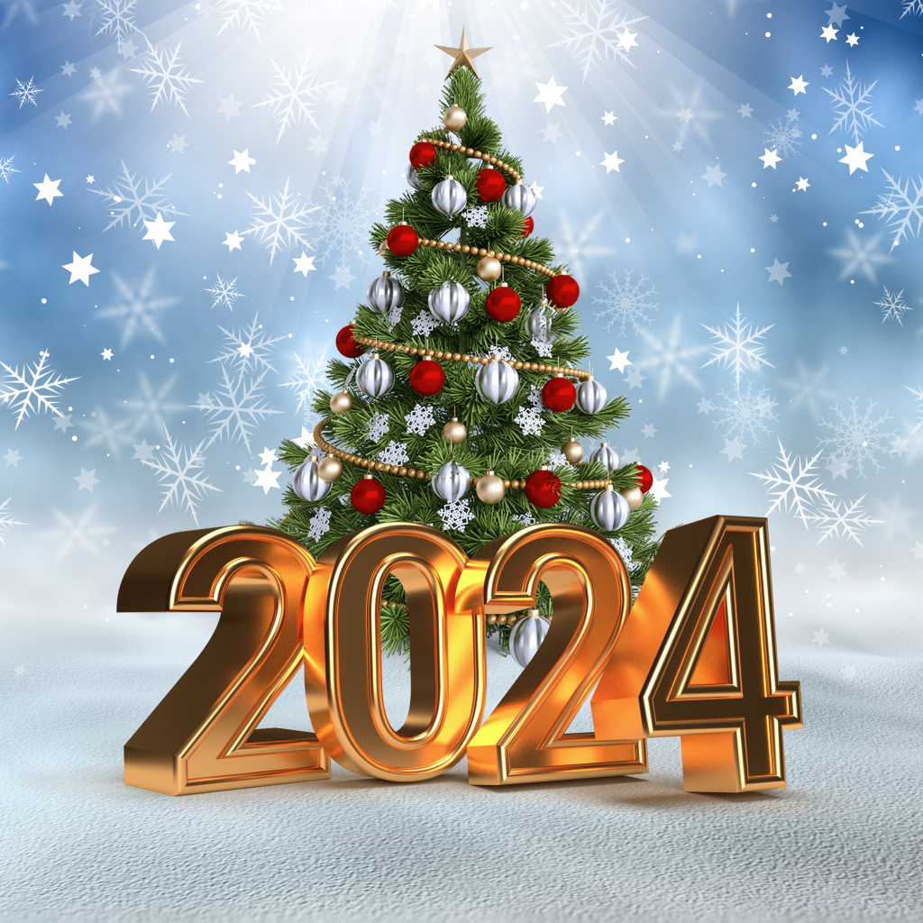 Новогодняя ель с цифрами 2024 на Новый год