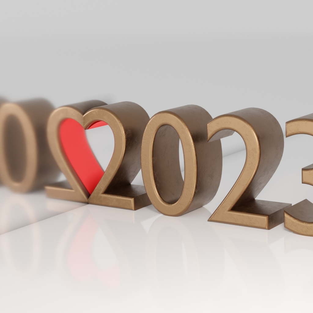 Цифры 2023 с сердцем на сером фоне