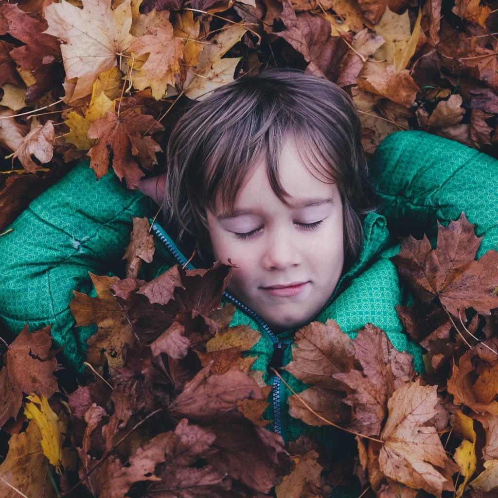 Маленькая девочка с закрытыми глазами лежит в сухой листве