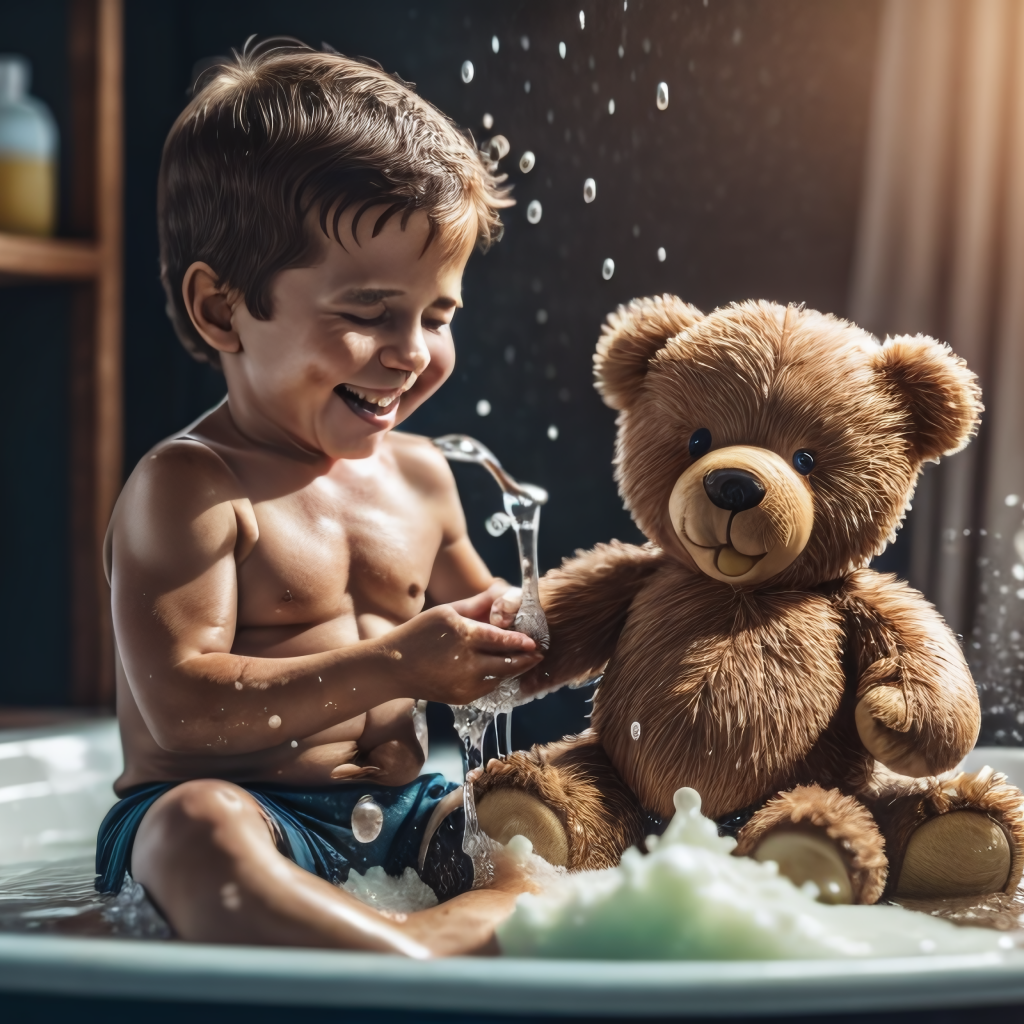 Маленький мальчик купается с игрушкой