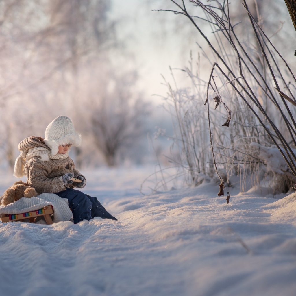 Маленький ребенок на санках в зимнем лесу 