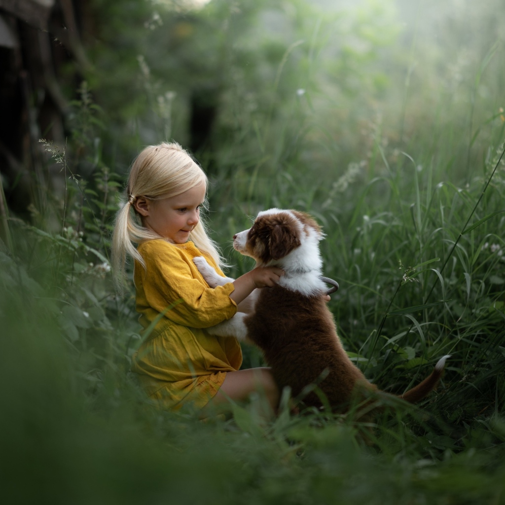 Маленькая девочка дружит со щенком