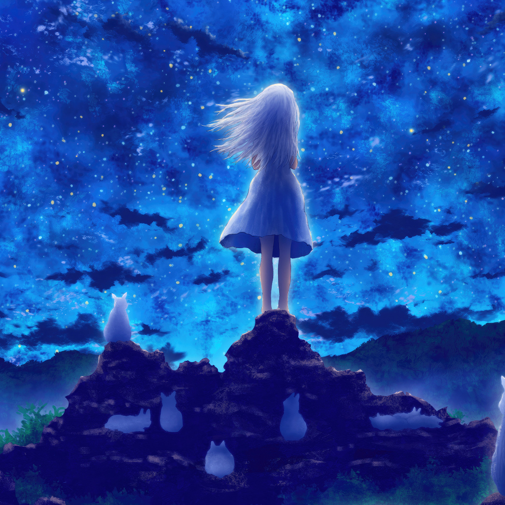 Маленькая девочка смотрит на небо, аниме