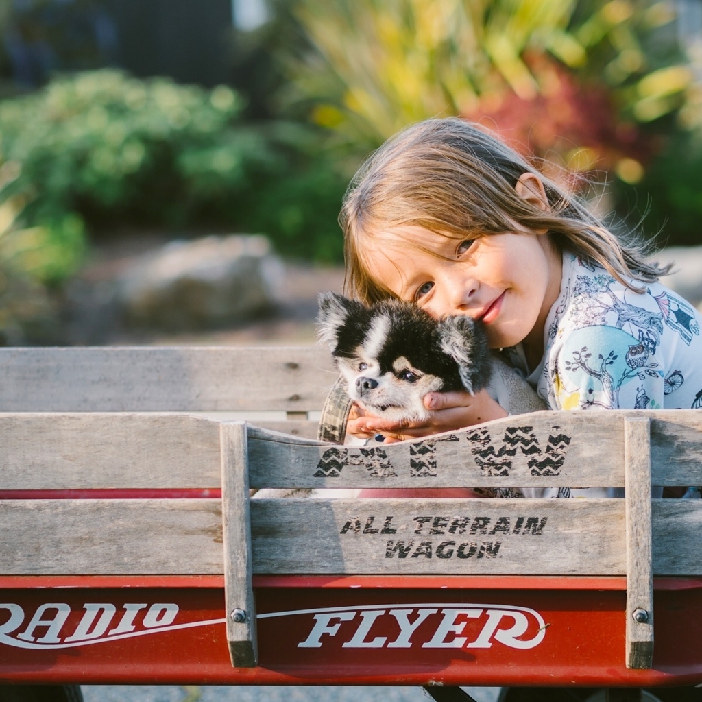 Маленькая девочка со щенком в тележке