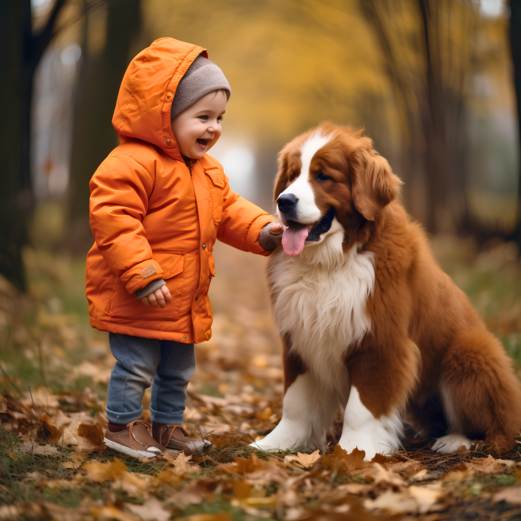 Маленькая девочка со щенком в парке осенью