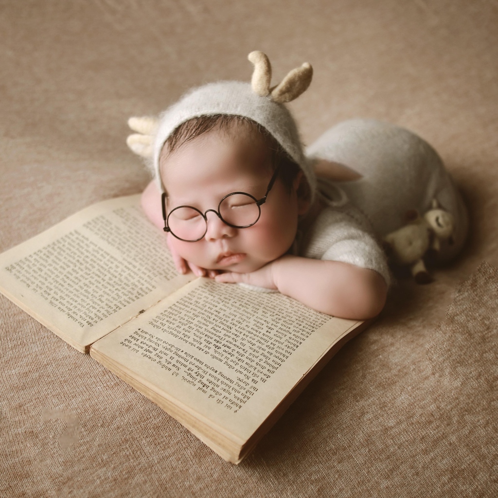 Новорожденный ребенок спит с книгой