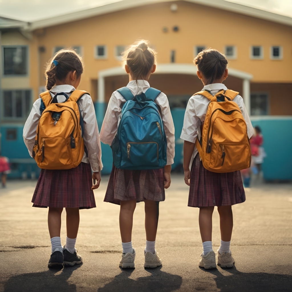 Три маленькие девочки школьницы с рюкзаками