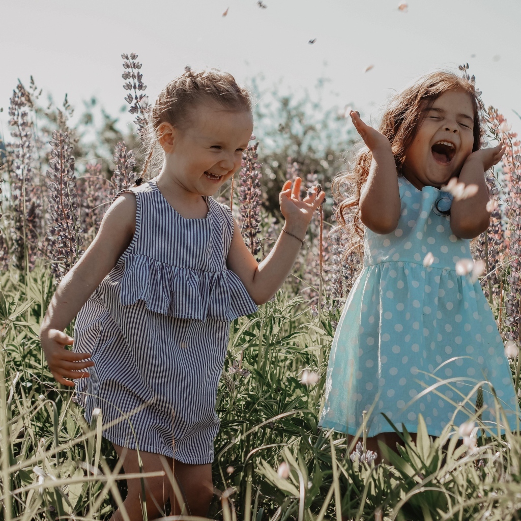 Две маленькие веселые девочки на поле с люпинами