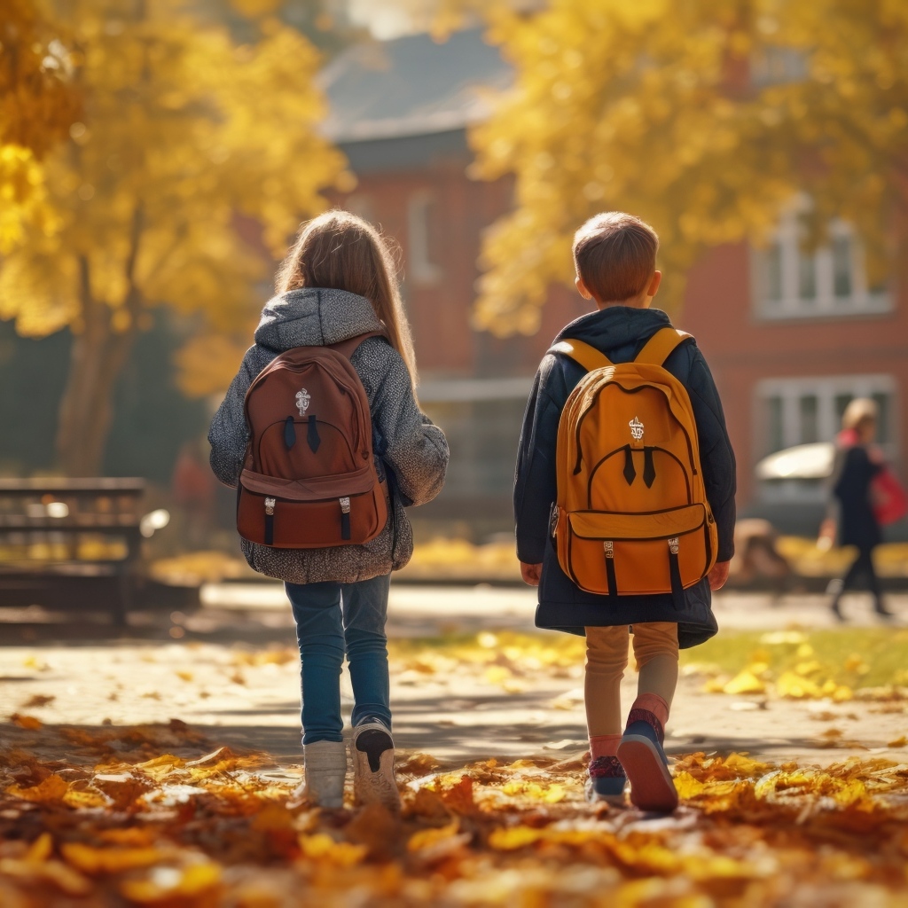 Двое детей школьников с рюкзаками на спине