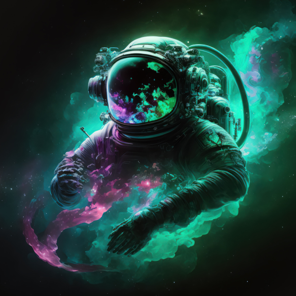 Астронавт в космосе в зеленом дыме