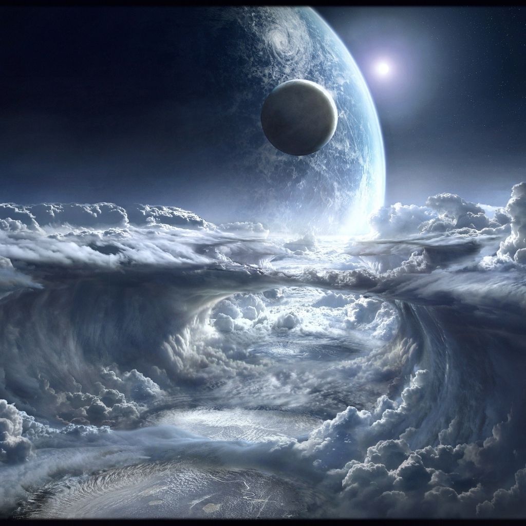 Планета над белыми облаками в космосе