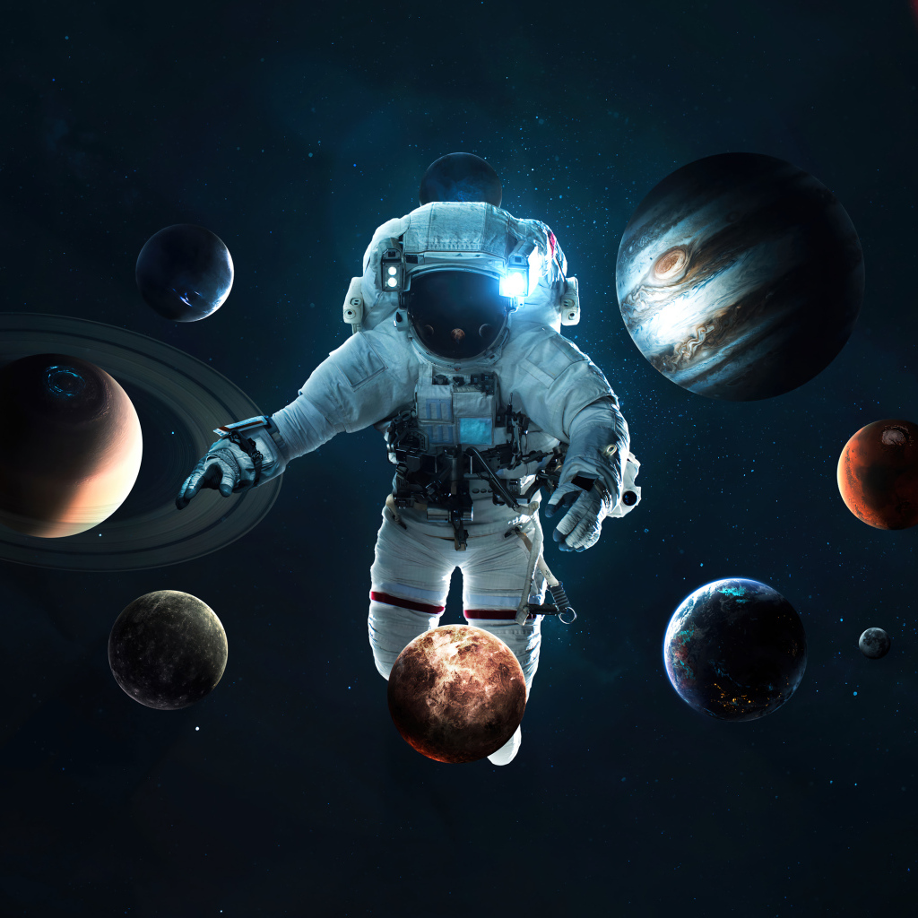 Планеты кружатся вокруг астронавта в космосе