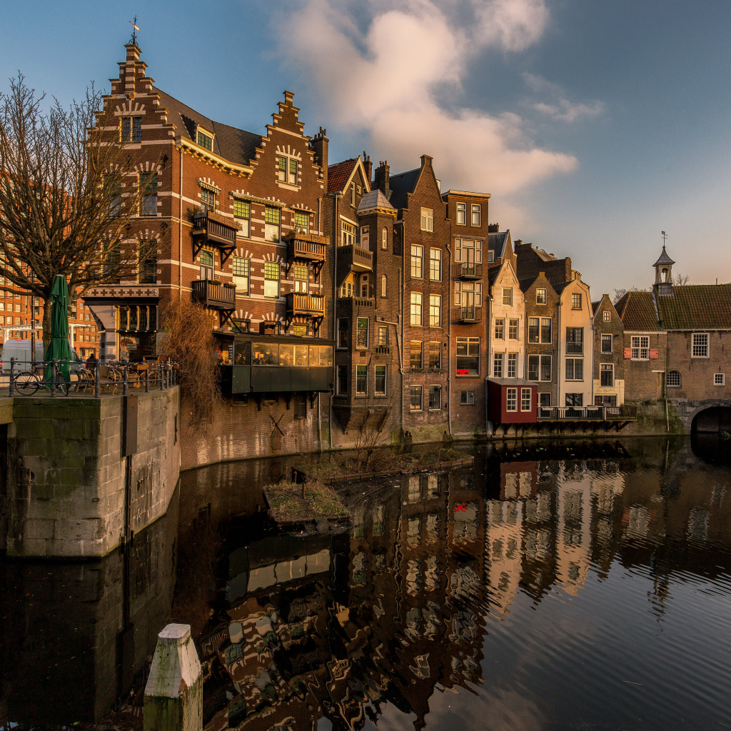 Дома стоят у водного канала, Роттердам, Голландия