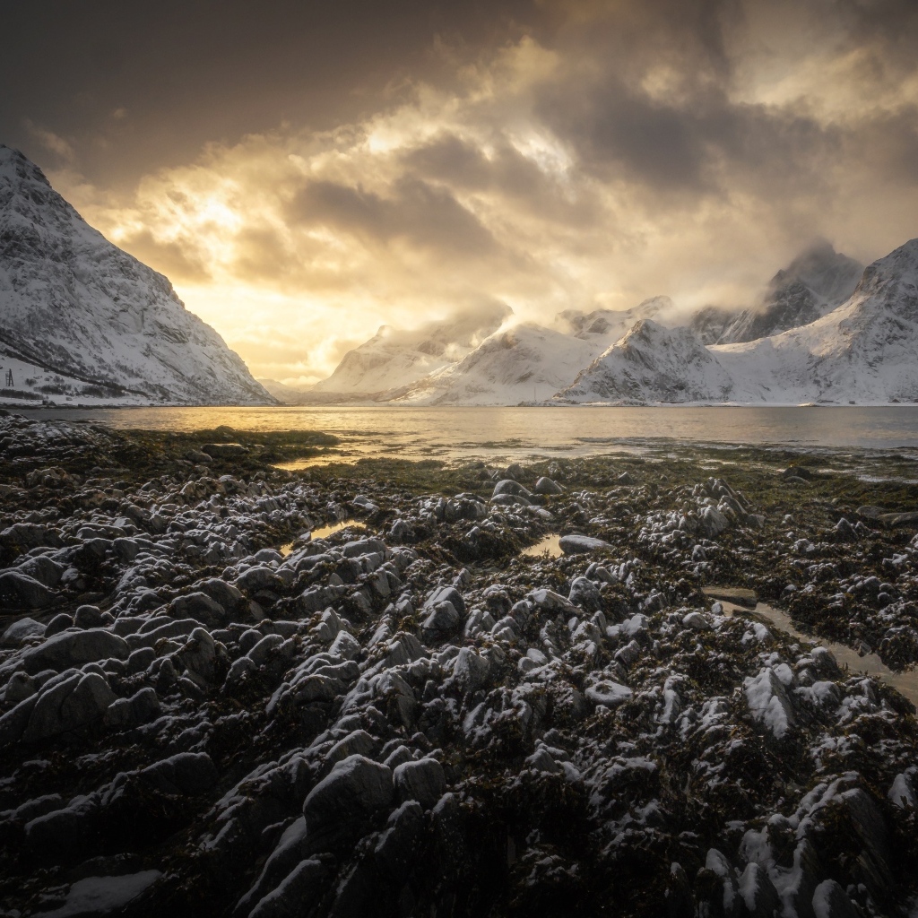 Заледеневший берег залива в горах, Лофотенские острова Норвегия
